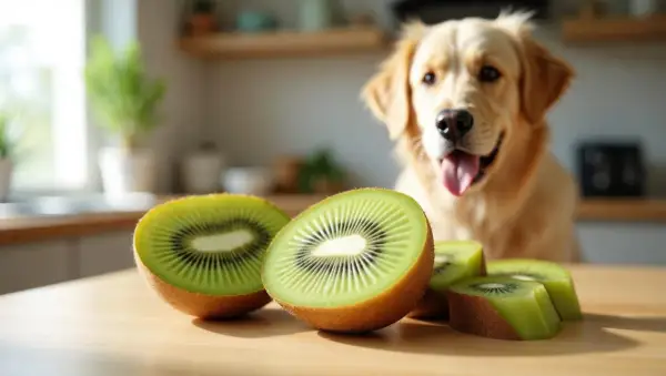 Złoty retriever z zaciekawieniem patrzy na pokrojone kiwi. Czy pies może jeść kiwi? To pytanie nurtuje wielu właścicieli czworonogów.