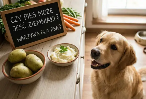 Złoty retriever patrzy na miskę z puree ziemniaczanym, a tabliczka głosi: "Czy psy mogą jeść ziemniaki?".