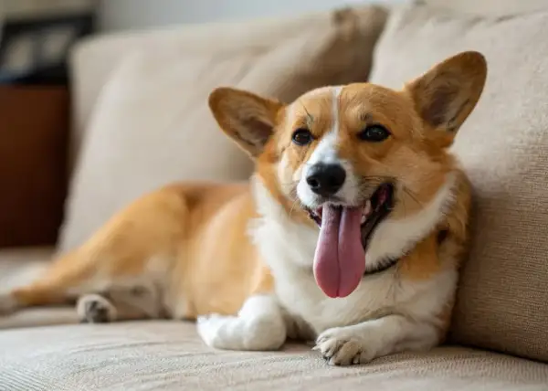 Szczęśliwy corgi leży na kanapie, dysząc z językiem na wierzchu. To normalne, dlaczego pies sapie po zabawie.