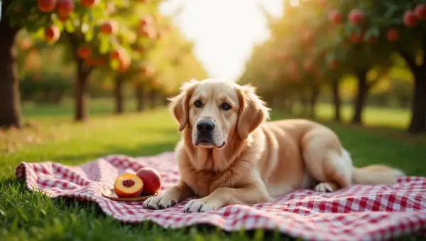 Złoty retriever leży na piknikowym kocu obok brzoskwiń. Czy pies może jeść brzoskwinie? To pytanie nurtuje wielu właścicieli czworonogów.
