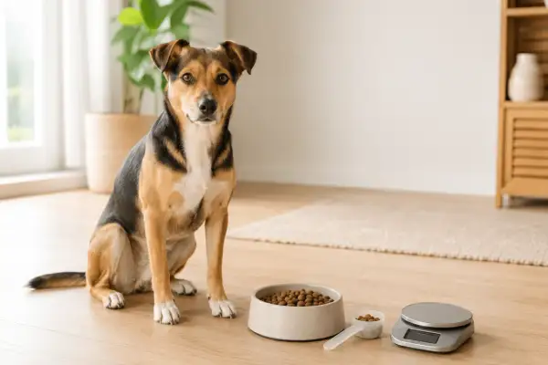 Pies siedzi obok miski pełnej suchej karmy, gotowy na posiłek. Obok leży miarka i waga, sugerujące precyzyjne dawkowanie.